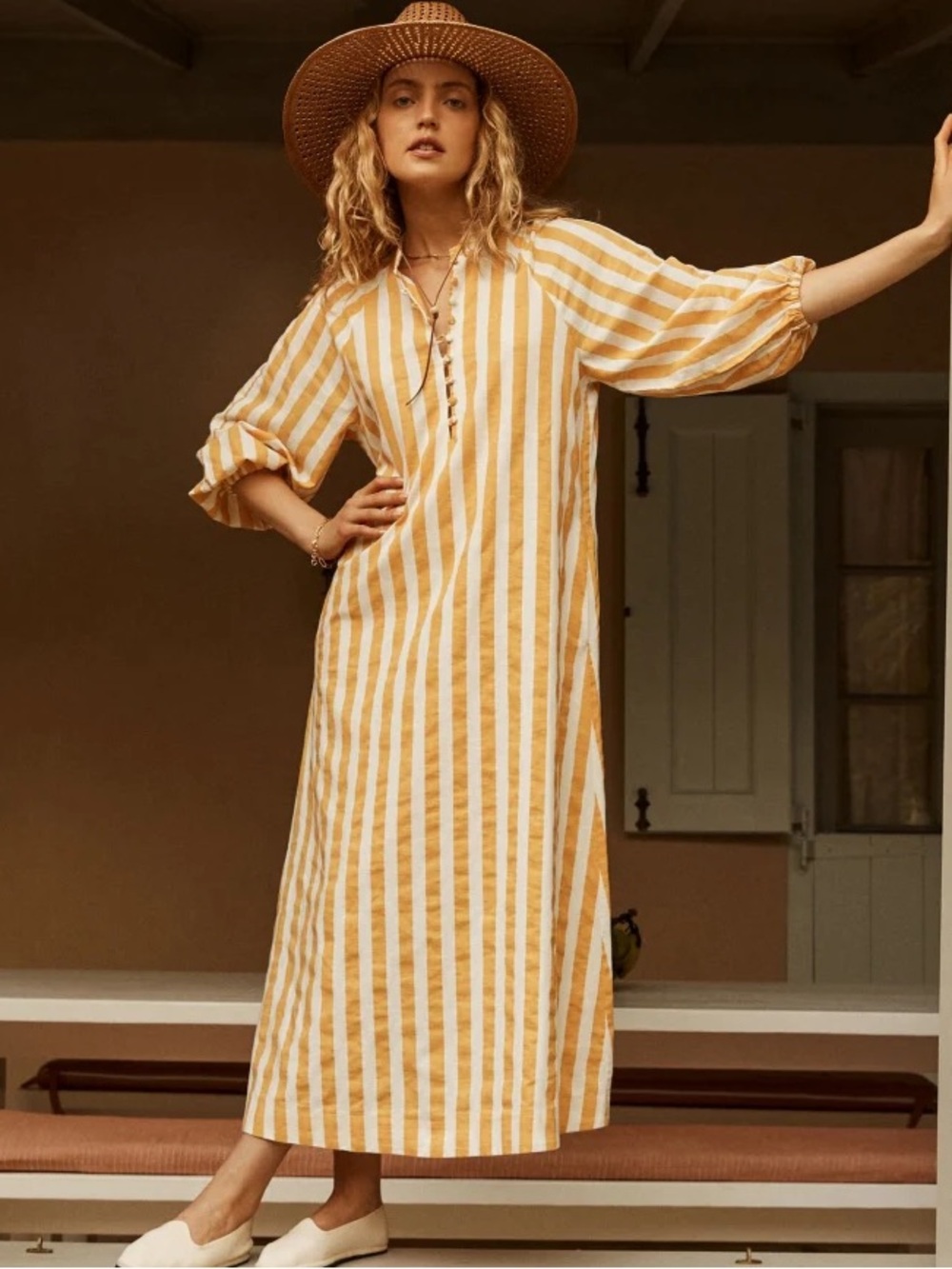 Tuckernuck Marigold Linen Blend Maryse Caftan yellow/white striped Dress Xsmall